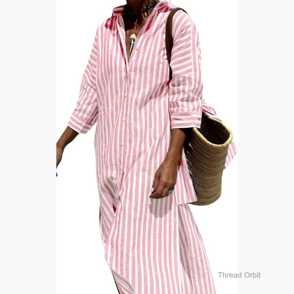 Long Sleeve Button Down Maxi Dress Loose Fit Striped Cotton Casual